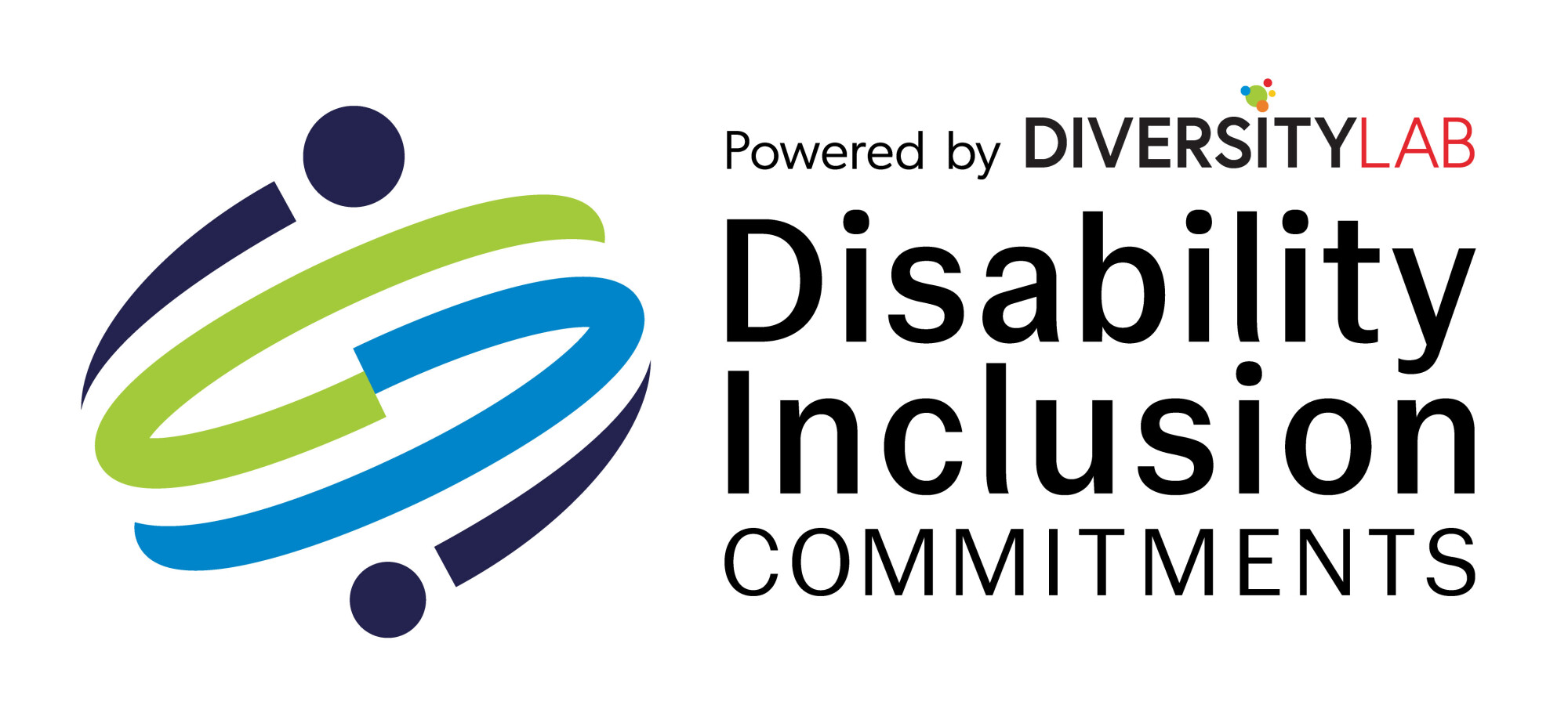 Blue and green swirl logo with text reading "Powered by Diversity Lab; Disability Inclusion Commitments"
